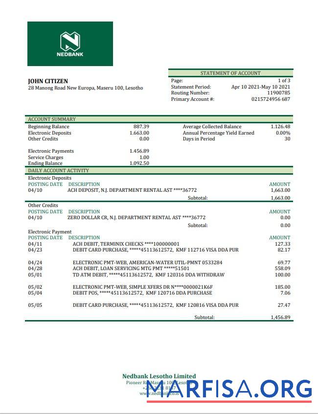 Лесото Nedbank Выписка из банка Word дизайн