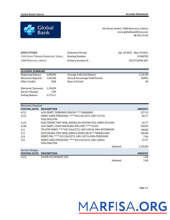 Либерия Global Банковский Выписка из банка Excel макет