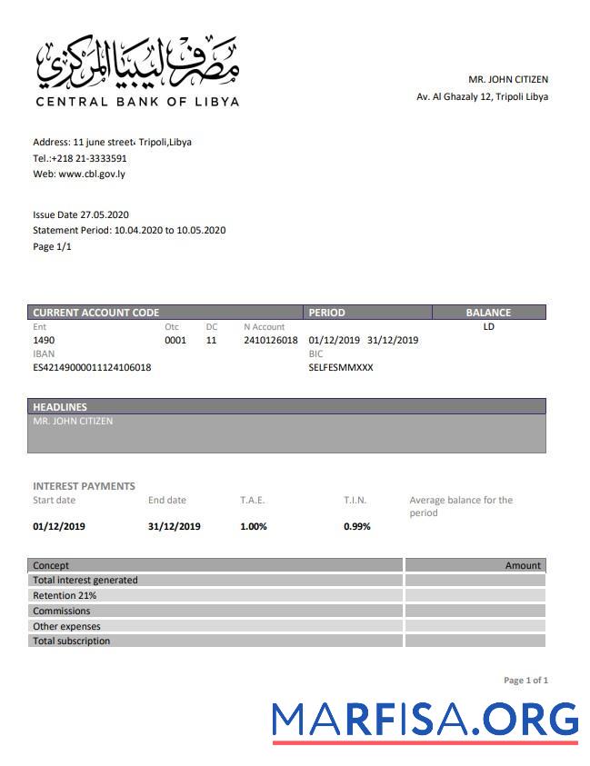 Ливия Central Банковский Of Libyabank Выписка из банка Word макет