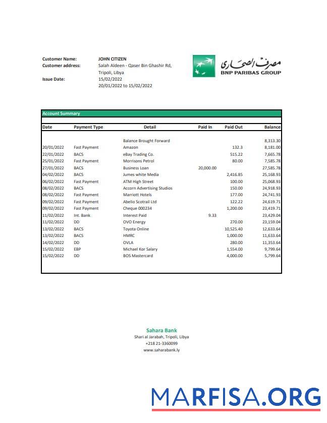 Ливия Sahara Банковский Выписка из банка Excel предпросмотр