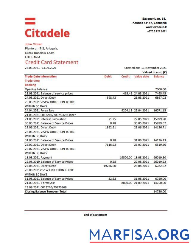 Литва (Litva) Citadele Банковский Кредит Карта Выписка из банка Excel образец