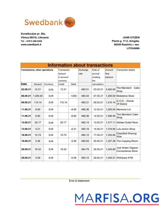 Литва Swedbank Банковский Выписка из банка Excel макет