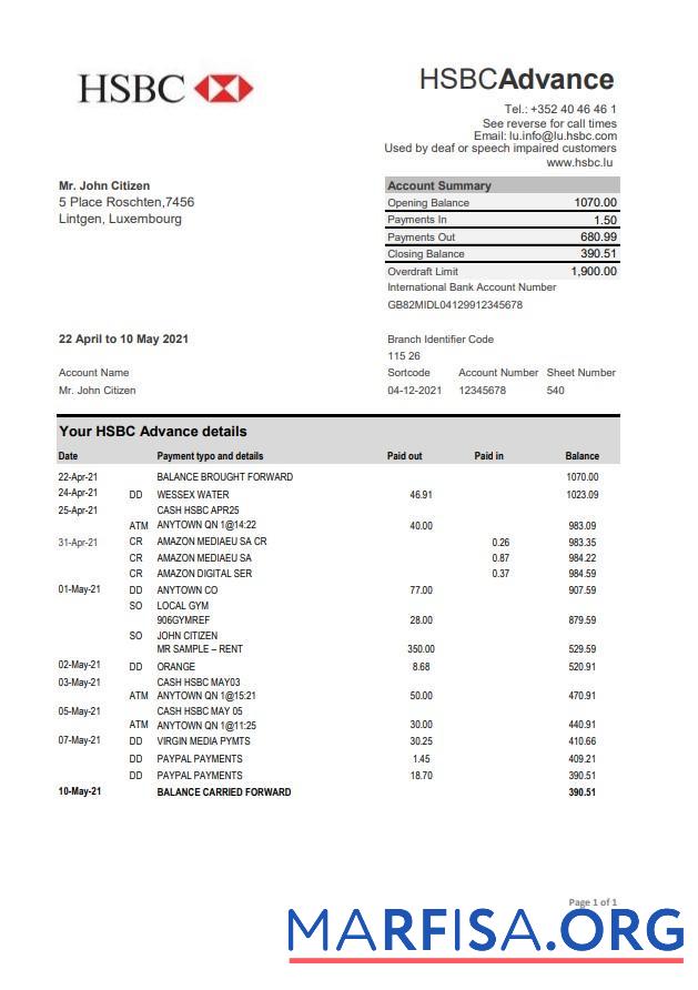 Люксембург HSBC Банковский Выписка из банка Excel макет