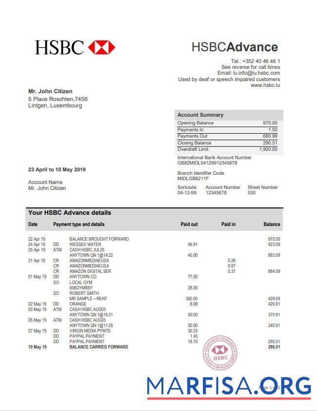 Люксембург HSBC Банковский Выписка из банка Word дизайн