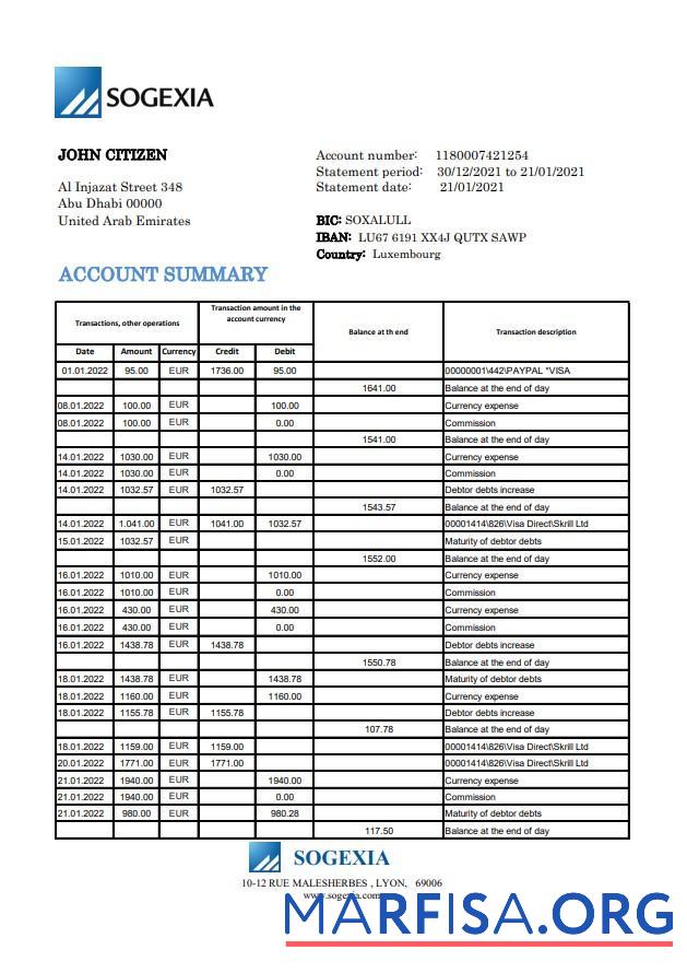 Люксембург Sogexia Банковский Выписка из банка Excel шаблон