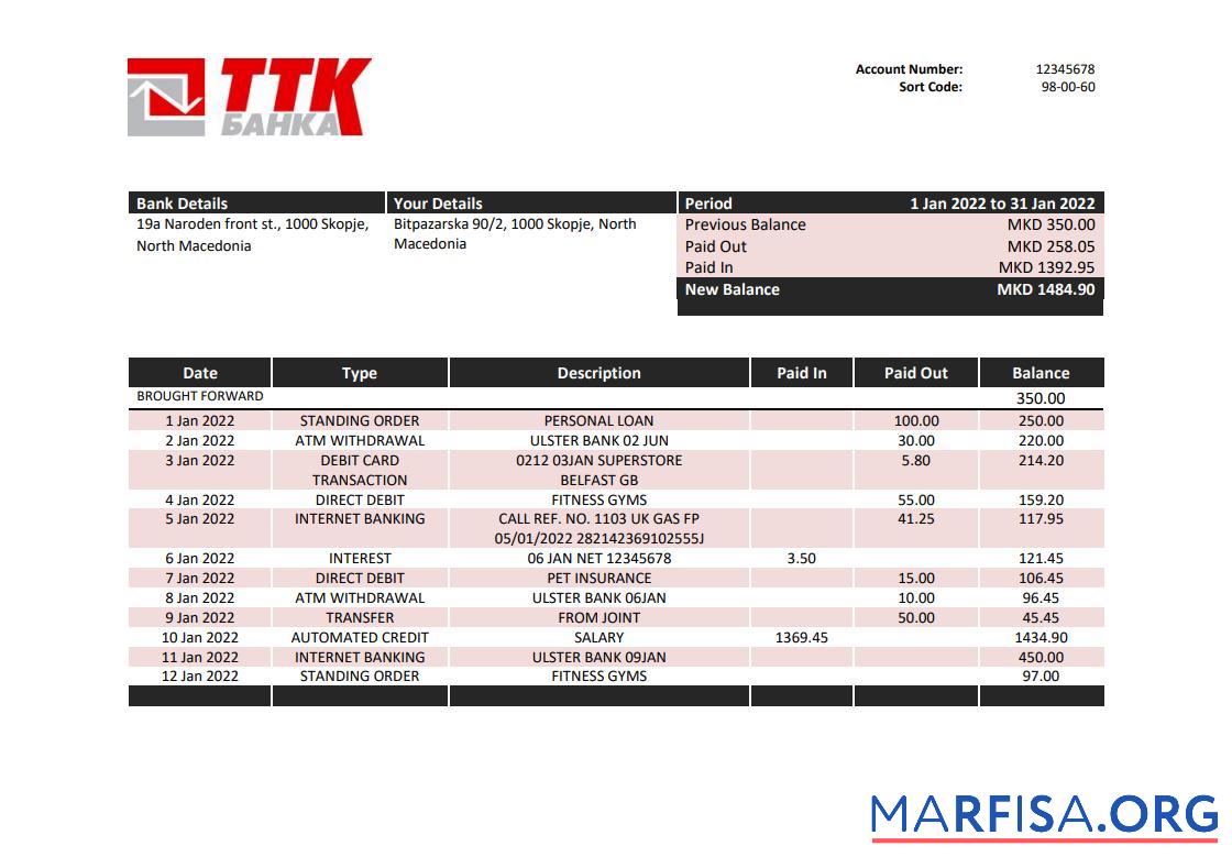 Macedonia TTK Банковский Выписка из банка Word макет