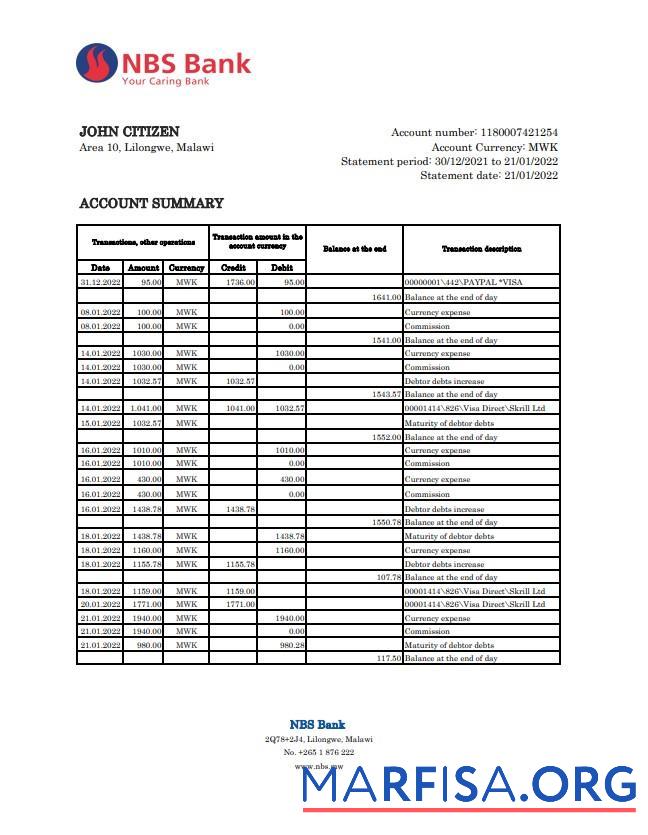 Малави NBS Банковский Выписка из банка Excel дизайн