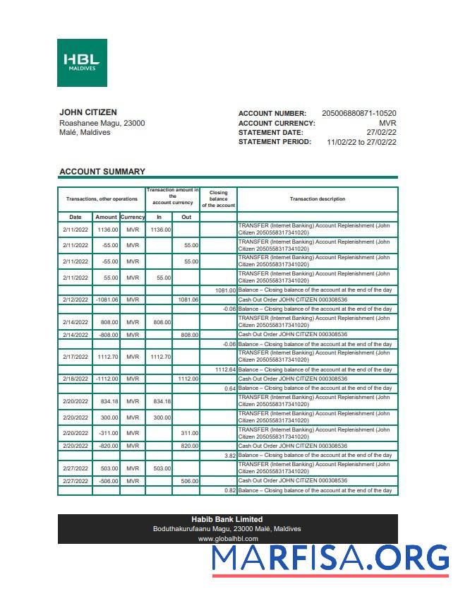Мальдивы HBL Банковский Выписка из банка Excel предпросмотр