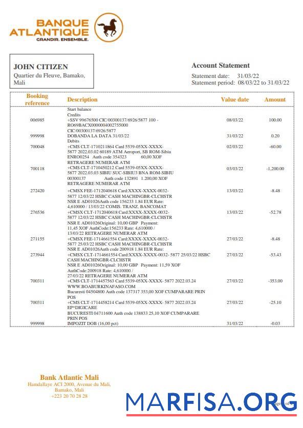 Мали Banque Atlantiaque Банковский Выписка из банка Word образец