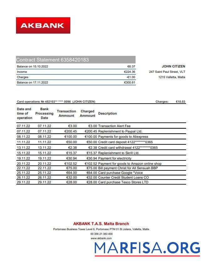 Мальта Akbank Банковский Выписка из банка Excel шаблон
