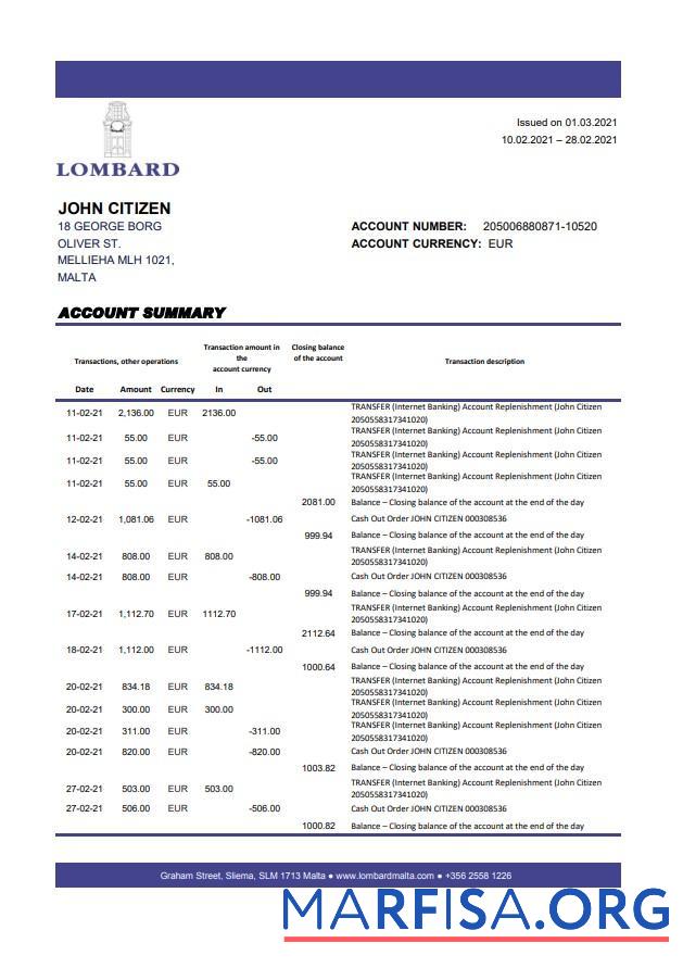 Мальта Lombard Банковский Мальта p.l.c. Банковский Выписка из банка Excel шаблон