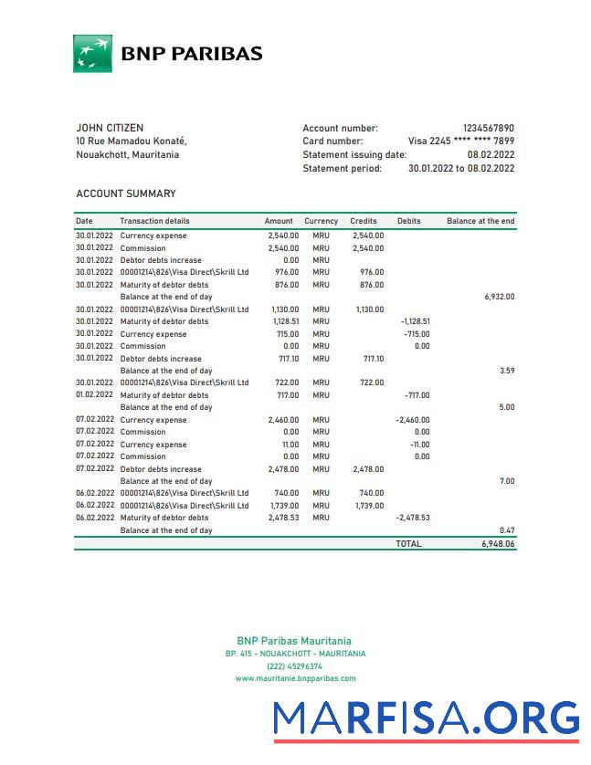Мавритания BNP Paribas Банковский Выписка из банка Excel макет