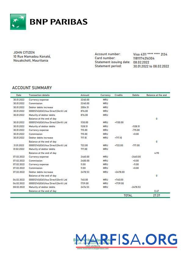 Мавритания BNP Paribas Банковский Выписка из банка Word предпросмотр