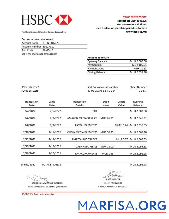 Маврикий HSBC Банковский Выписка из банка Excel шаблон