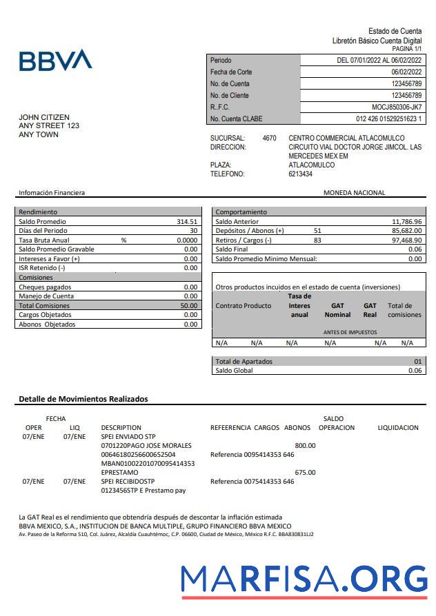 Мексика BBVA Банковский Выписка из банка Word предпросмотр