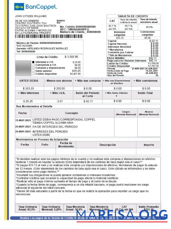 Мексика BanCoppel Аккаунт Банковский Выписка из банка Word предпросмотр