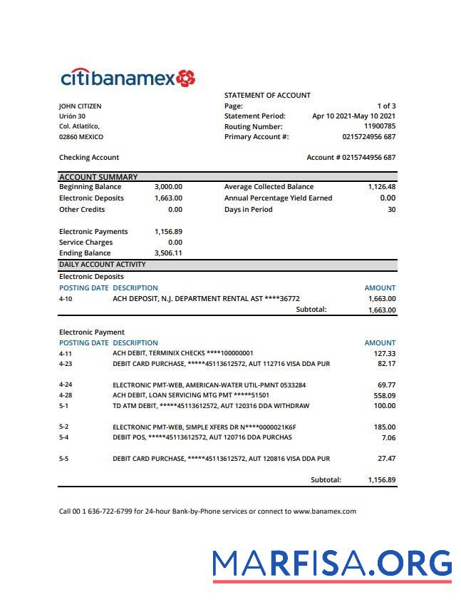 Мексика Citibanamex Банковский Выписка из банка Excel шаблон