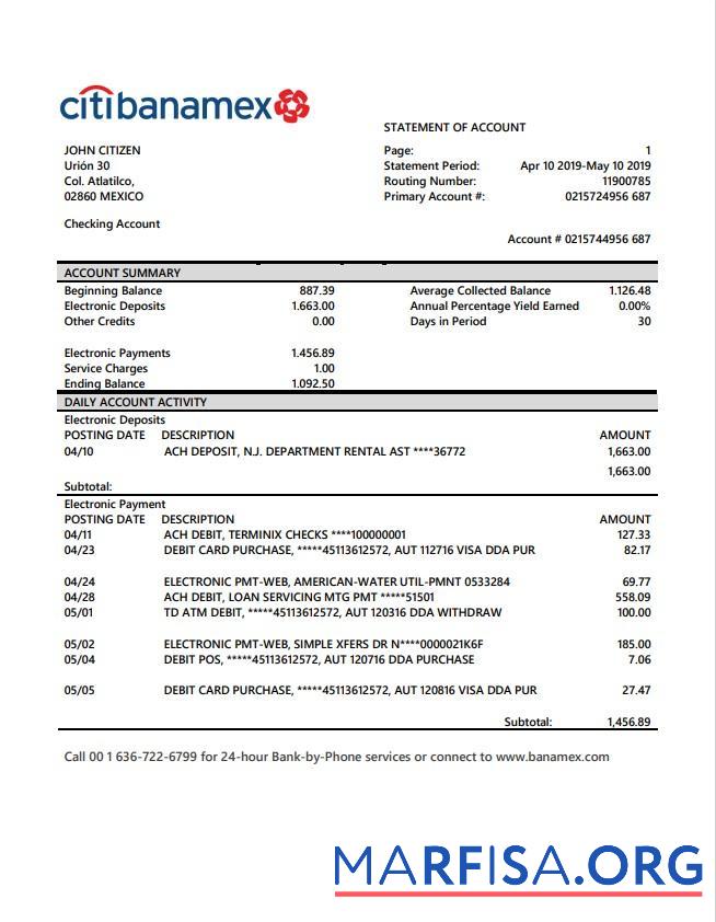 Мексика Citibanamex Банковский Выписка из банка Word дизайн