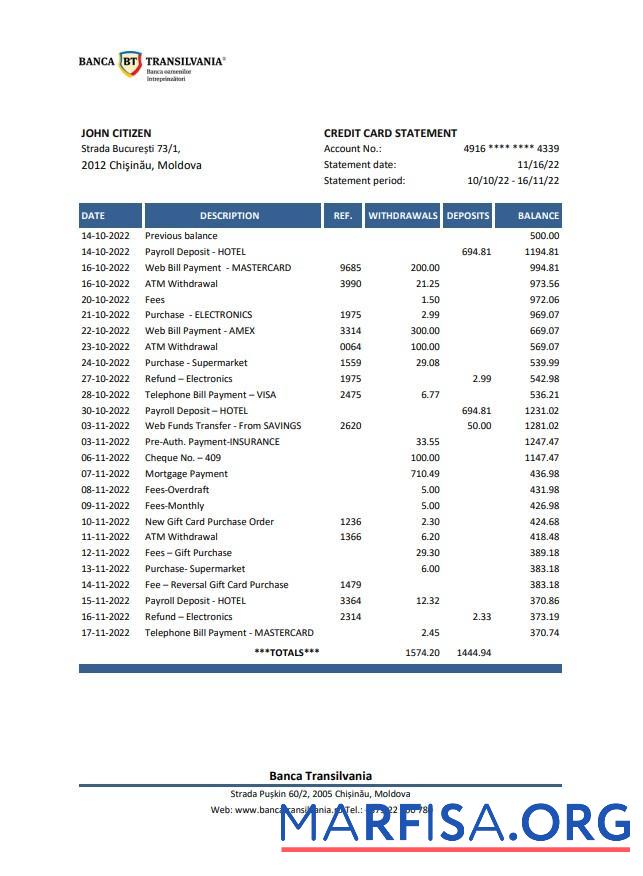 Молдова Banca Transilvania Банковский Выписка из банка Excel макет