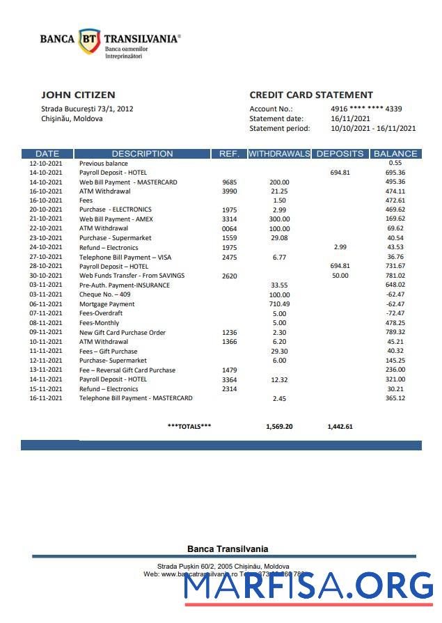 Молдова Banca Transilvania Банковский Выписка из банка Word макет