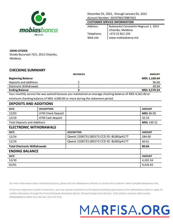 Молдова Mobiasbanca Банковский Выписка из банка Word образец