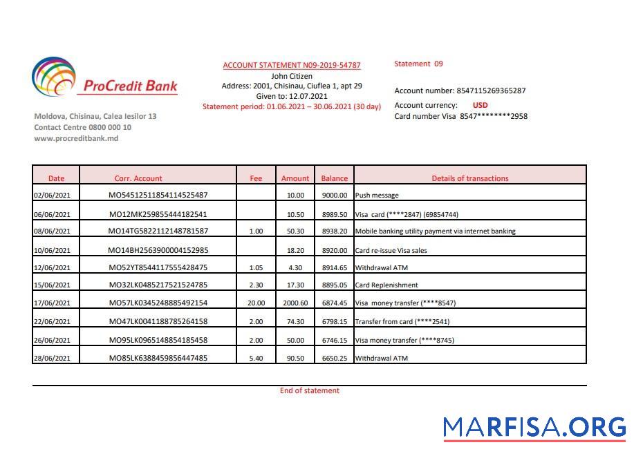 Молдова Procredit Банковский Выписка из банка Excel образец