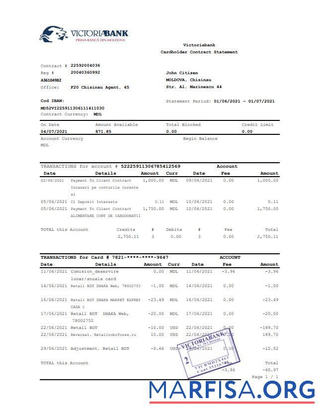 Молдова Victoriabank Банковский Выписка из банка Excel образец