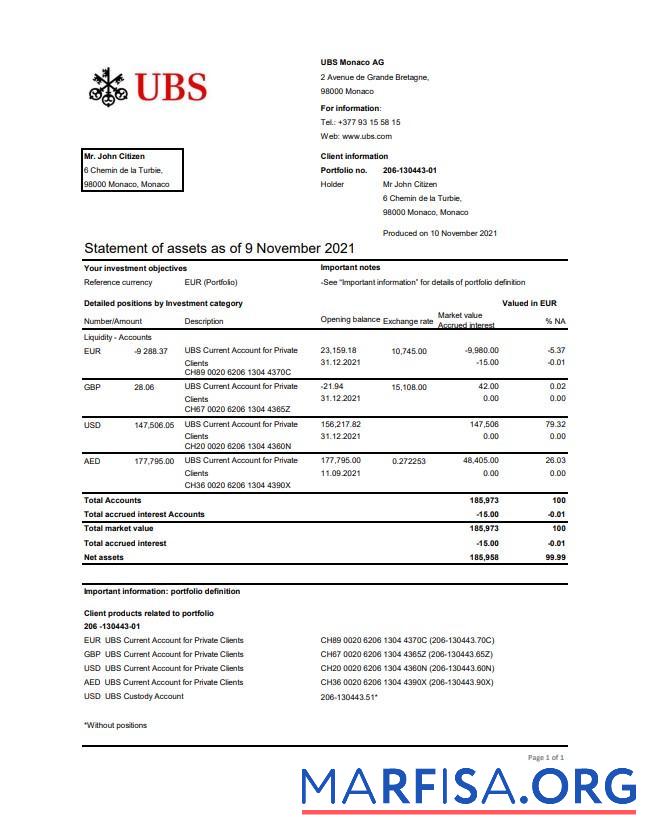 Монако UBS Банковский Выписка из банка Excel шаблон