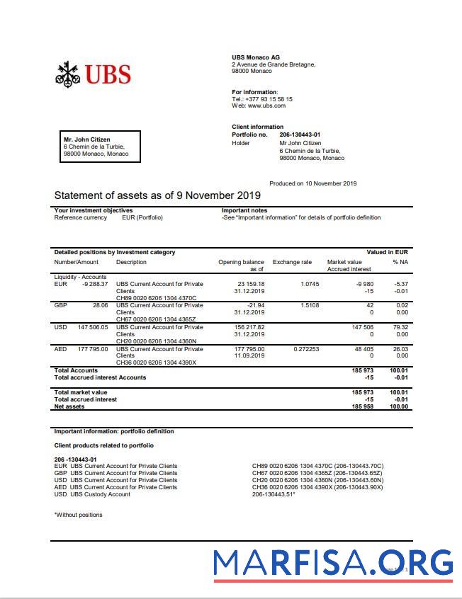 Монако UBS Банковский Выписка из банка Word образец