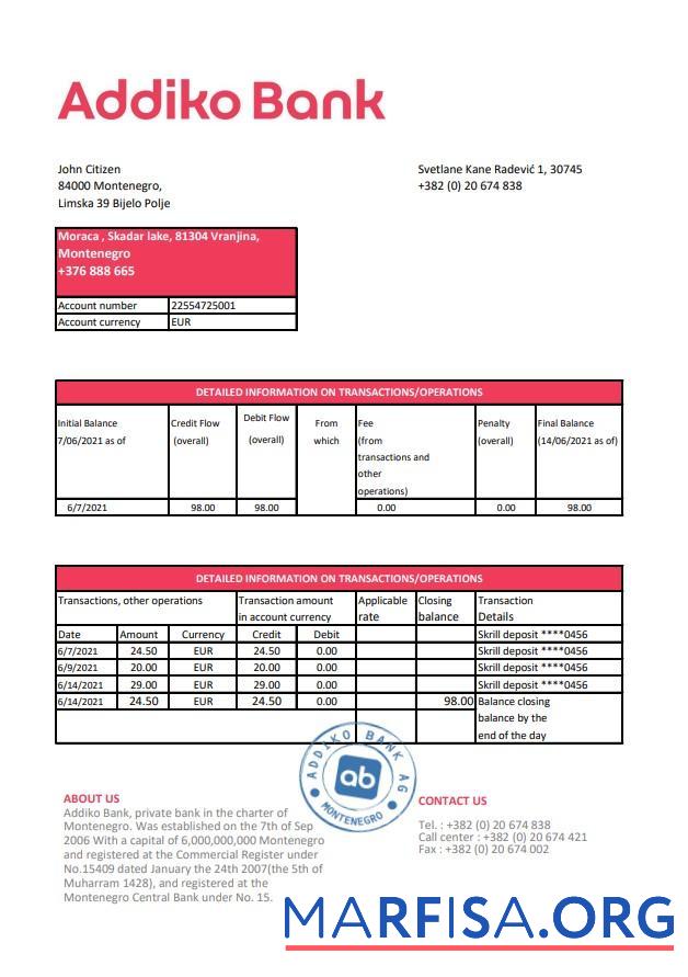 Черногория Addiko Банковский Выписка из банка Excel макет
