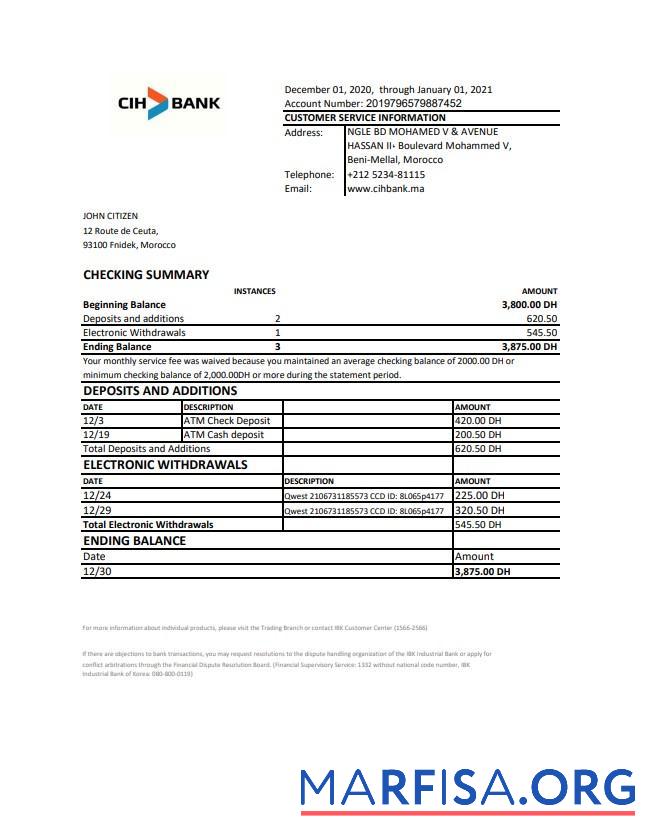 Марокко CIH Банковский Выписка из банка Excel дизайн