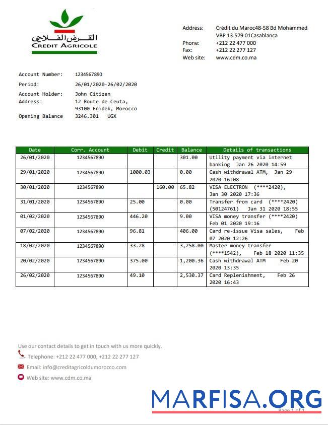 Марокко Кредит Agricole Банковский Выписка из банка Excel дизайн