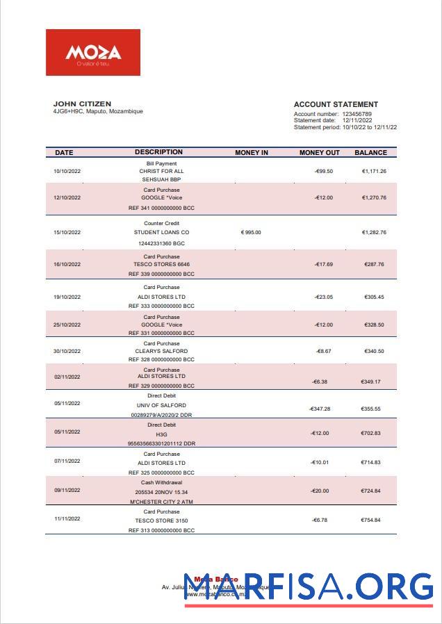 Мозамбик Moza Банковский Выписка из банка Word предпросмотр