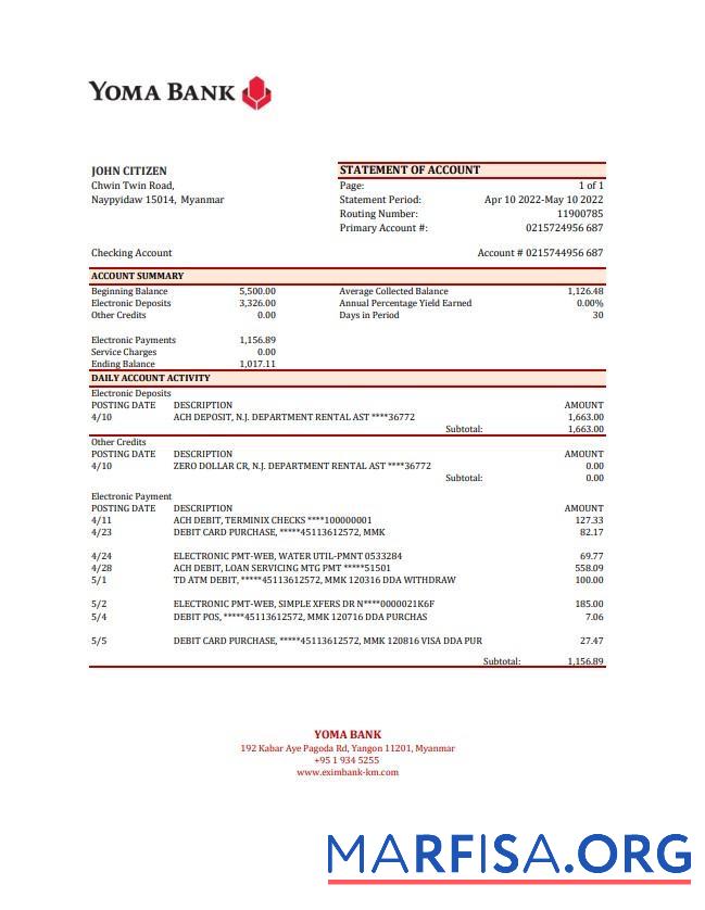 Мьянма Yoma Банковский Выписка из банка Excel образец