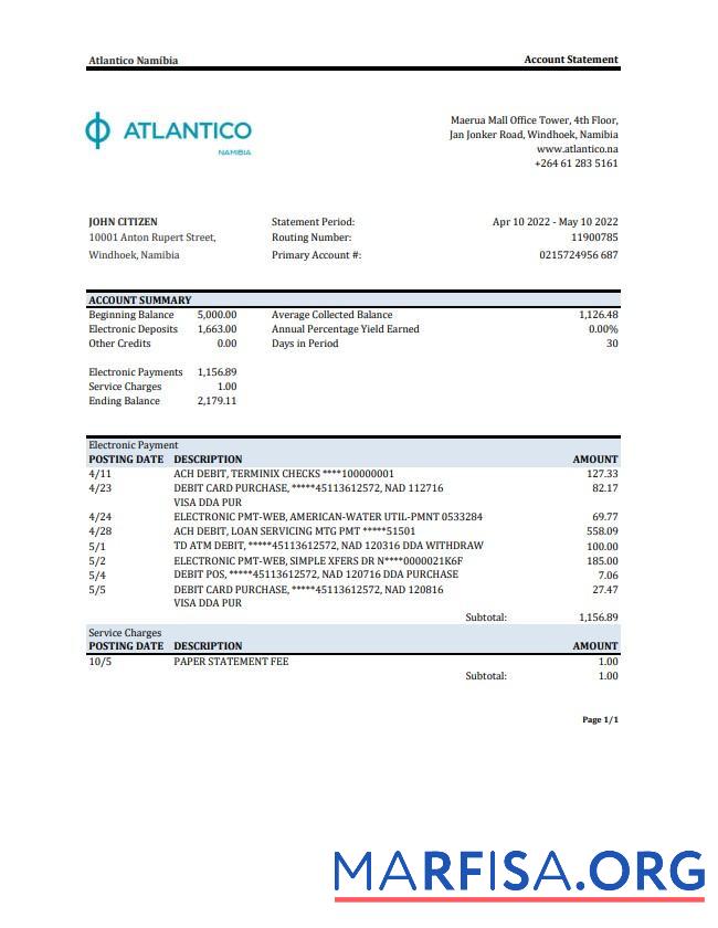 Намибия Atlantico Банковский Выписка из банка Excel образец