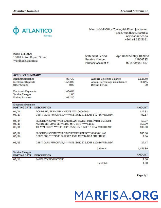Намибия Atlantico Банковский Выписка из банка Word дизайн