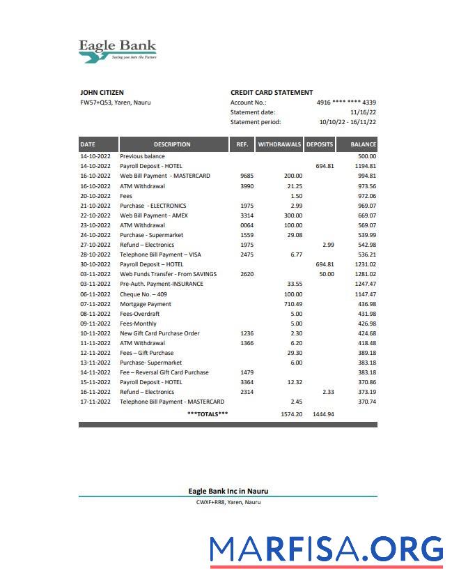 Науру Eagle Банковский Выписка из банка Excel образец