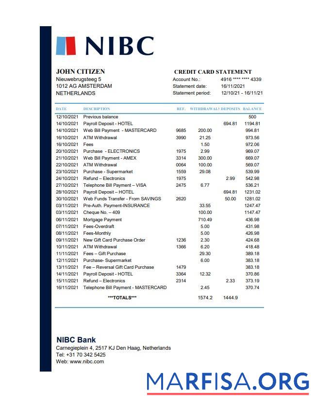 Нидерланды NIBC Банковский Выписка из банка Excel дизайн