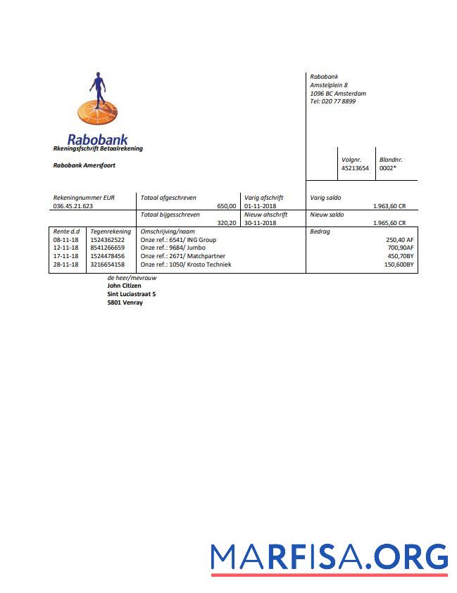 Нидерланды Rabobank Банковский Выписка из банка Word образец