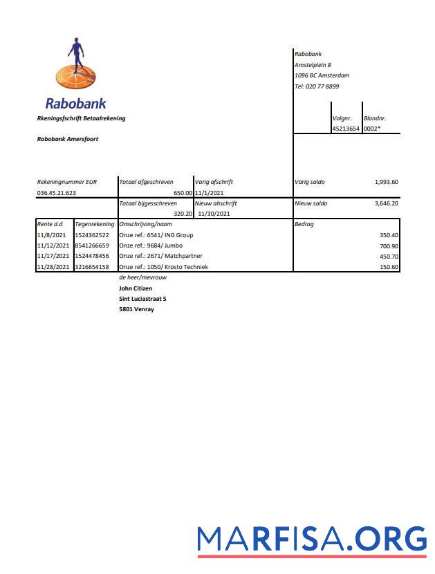 Нидерланды Rabobank Выписка из банка Excel макет