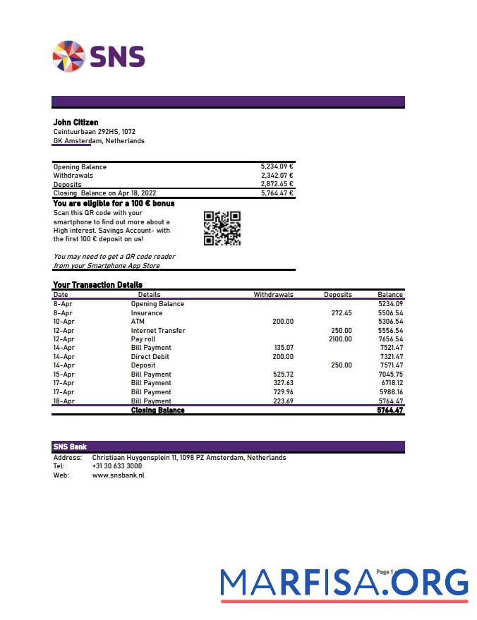 Нидерланды SNS Банковский Выписка из банка Excel макет