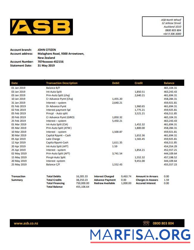 Новая Зеландия ASB Банковский Выписка из банка Word шаблон