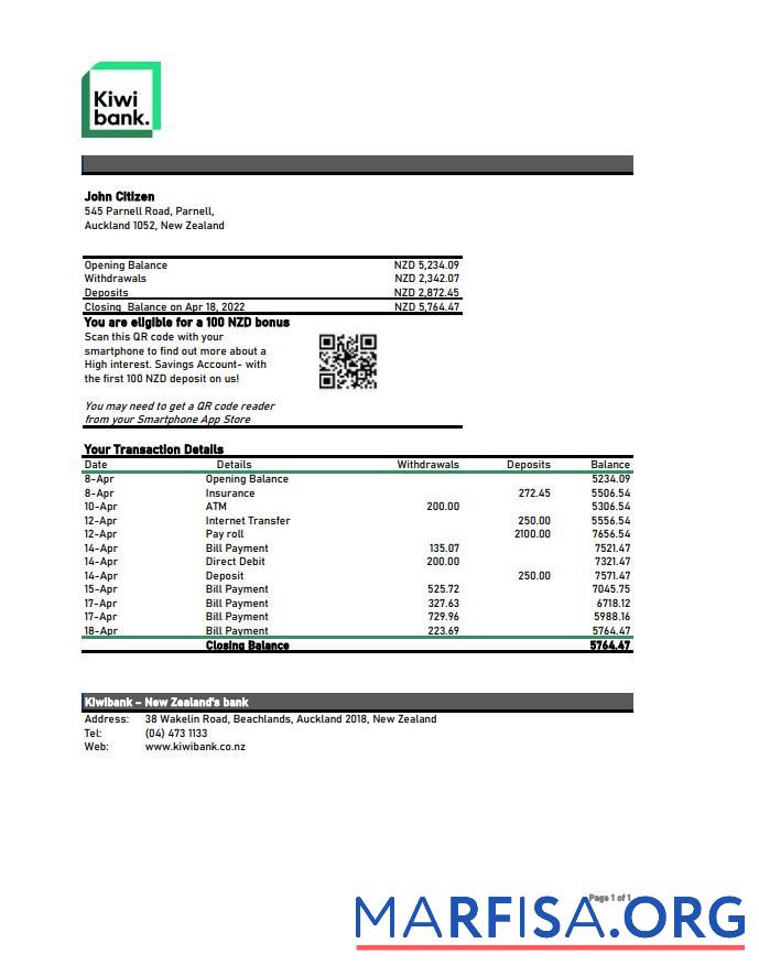 Новая Зеландия Kiwibank Выписка из банка Excel предпросмотр