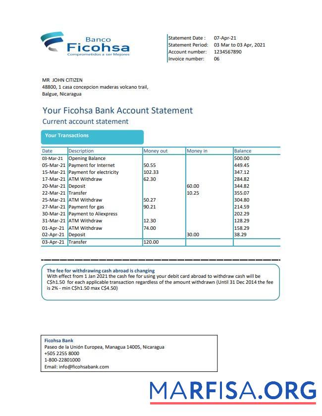Никарагуа Banco Ficohsa Банковский Выписка из банка Excel предпросмотр