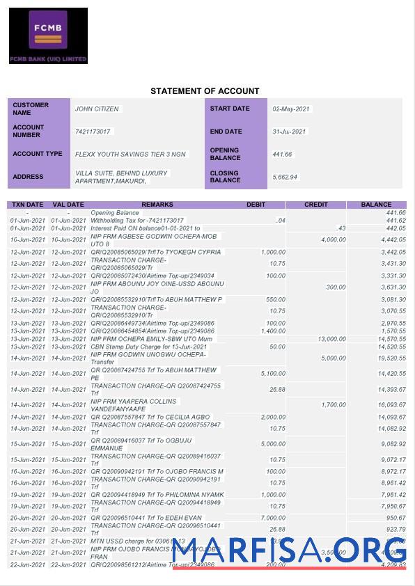 Нигерия FCMB Банковский Выписка из банка Word 6 pages шаблон