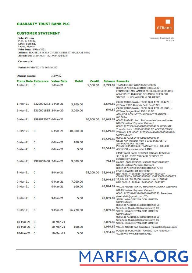 Нигерия GTBank Банковский Выписка из банка Excel шаблон
