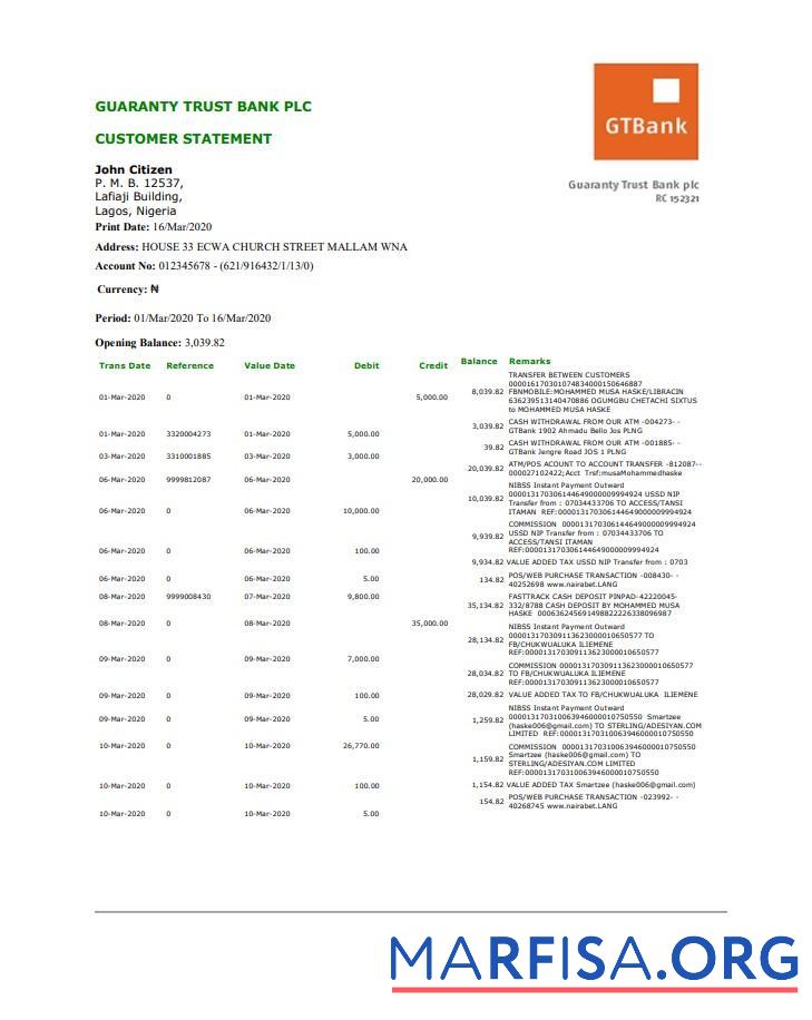Нигерия GTBank proof of address Банковский Выписка из банка Word макет
