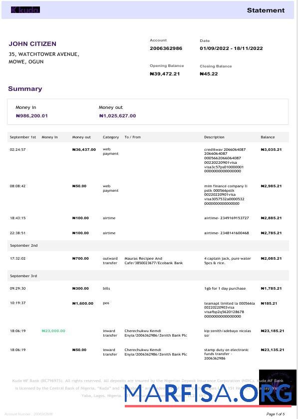 Нигерия Kudabank Выписка из банка Word 4 pages предпросмотр