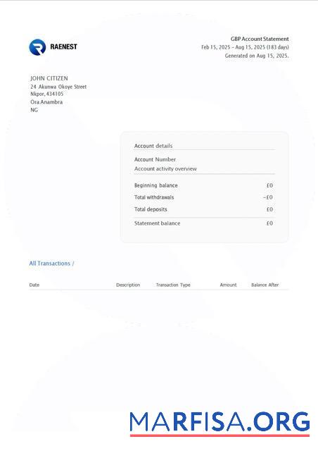 Нигерия Raenest Аккаунт Выписка из банка Word шаблон
