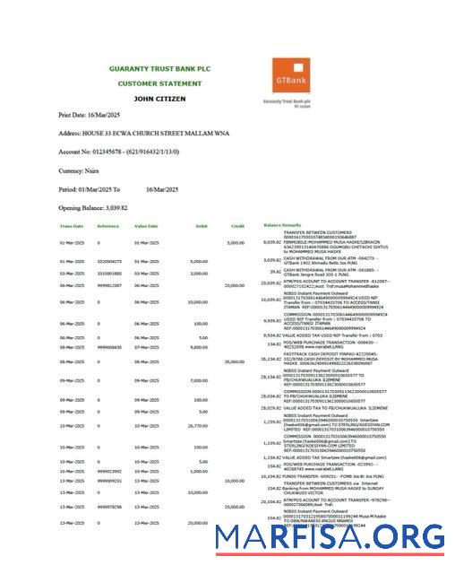 Нигерия┬áGuaranty Trust Банковский Plc Аккаунт Выписка из банка┬áWord Версия 2 образец